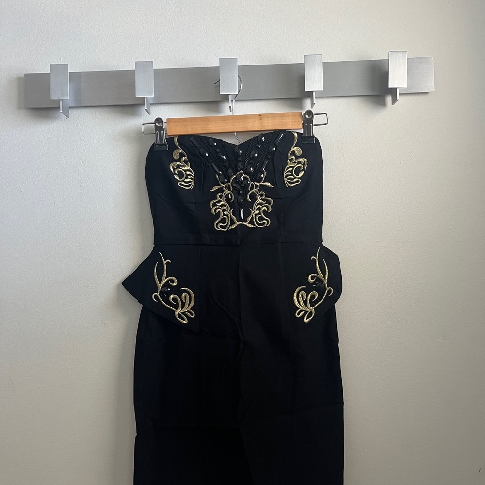 Black Strapless Dress with Gold Embroidery